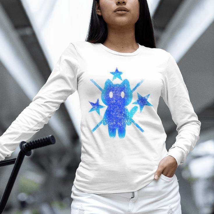 Yk2 Grunge Earthy Blue Cat With Stars Tomboy 90s Nostalgia Unisex Long Sleeve T-Shirt