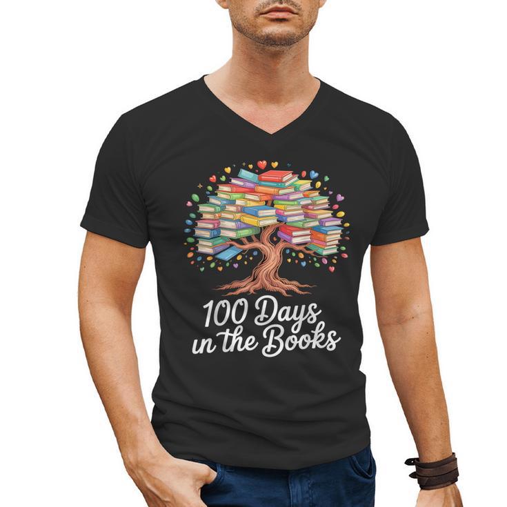 100th Day Of School Books Tree Reading Men's V-Neck T-Shirt