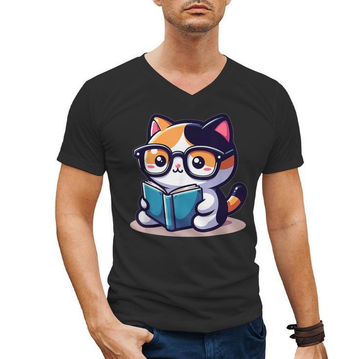 Adorable Book Lover Calico Cat With Reading Glasses Cute For Men Women Kids Men's V-Neck T-Shirt