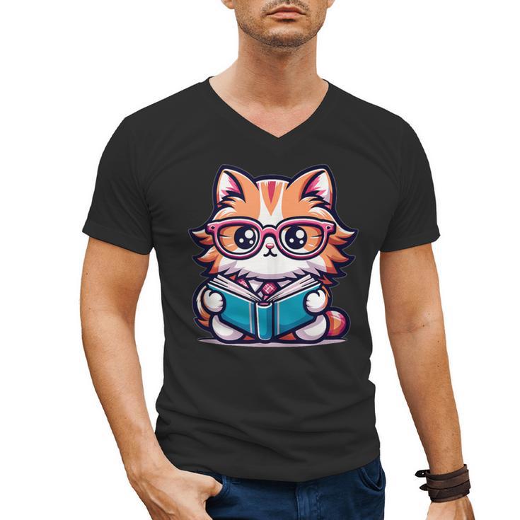 Adorable Book Lover Maine Coon Cat With Reading Glasses Cute Men's V-Neck T-Shirt