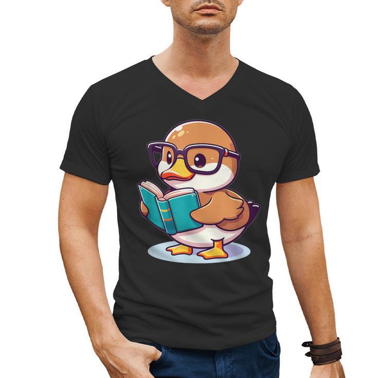 Adorable Book Lover Mallard Duck With Reading Glasses Cute Men's V-Neck T-Shirt