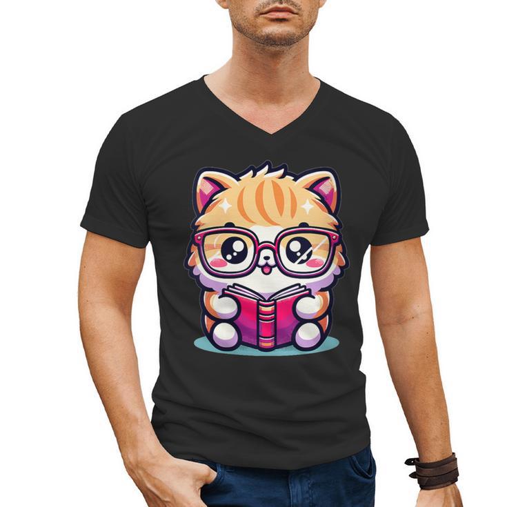 Adorable Book Lover Persian Cat With Reading Glasses Cute Men's V-Neck T-Shirt