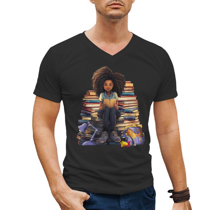 Back To School Afro Melanin Girl Reading Book Bookworm Men's V-Neck T-Shirt