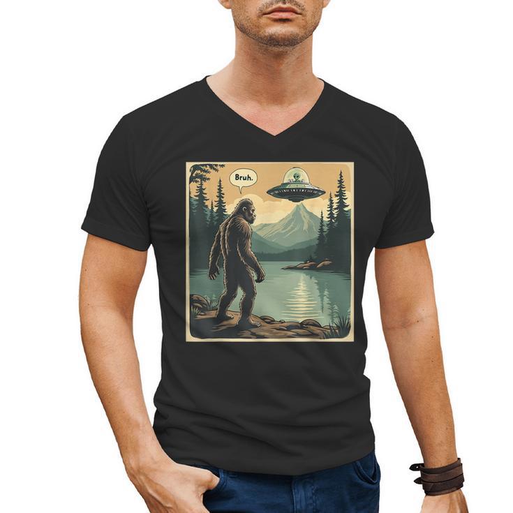 Bigfoot Sasquatch Alien Spaceship UFO Introvert Bruh Men's V-Neck T-Shirt