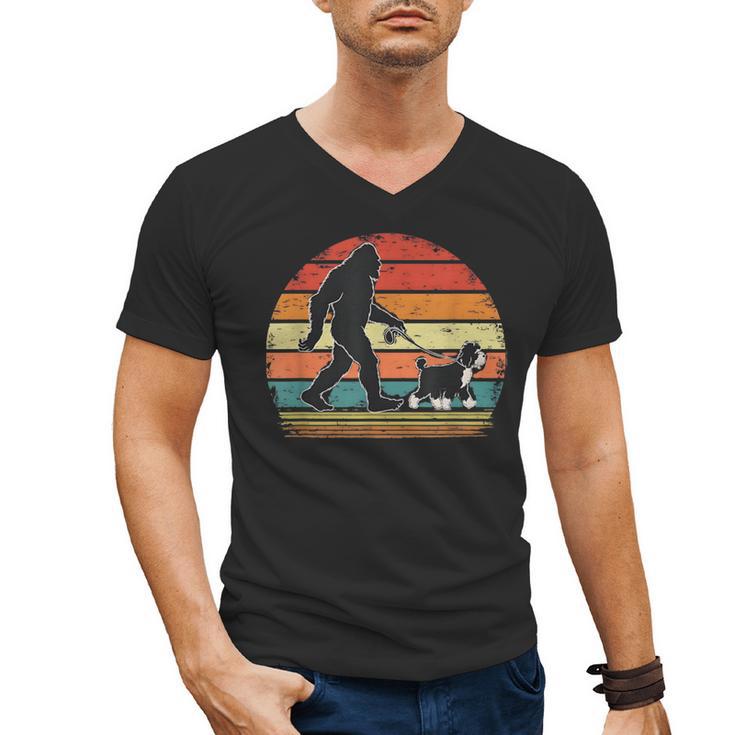 Bigfoot Walking a Dog Bernedoodle Dog Dad Men's V-Neck T-Shirt