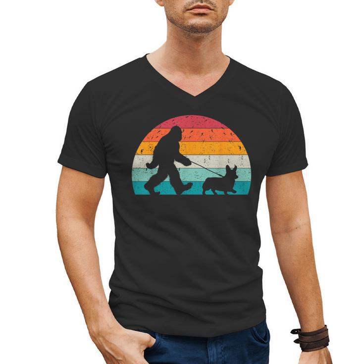 Bigfoot Walking a Dog Corgi Lovers Dog Dad Men's V-Neck T-Shirt