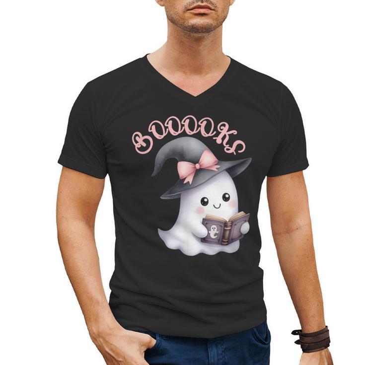 Boo Ghost Books Coquette Bow Halloween Women School Teacher Men's V-Neck T-Shirt