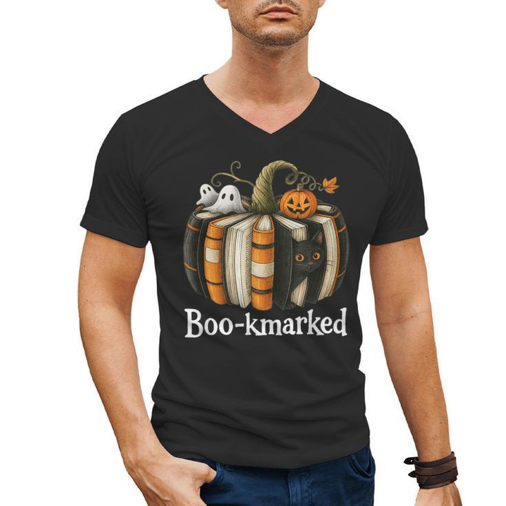 Boo-Kmarked Fall Pumpkin Books Halloween Teacher Teaching Men's V-Neck T-Shirt