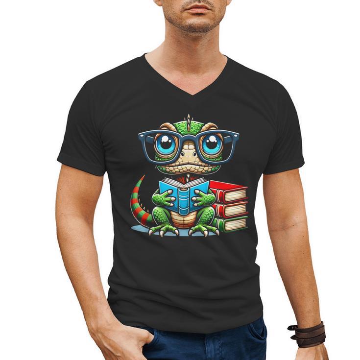 Book Lover Reading Iguana Men's V-Neck T-Shirt