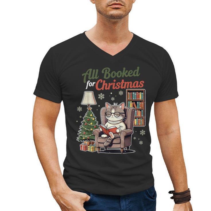 All Booked For Christmas Cute Bookish Cat Lover Men's V-Neck T-Shirt