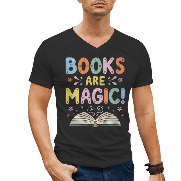 Books Are Magic Whimsical Retro Bookworm Men's V-Neck T-Shirt