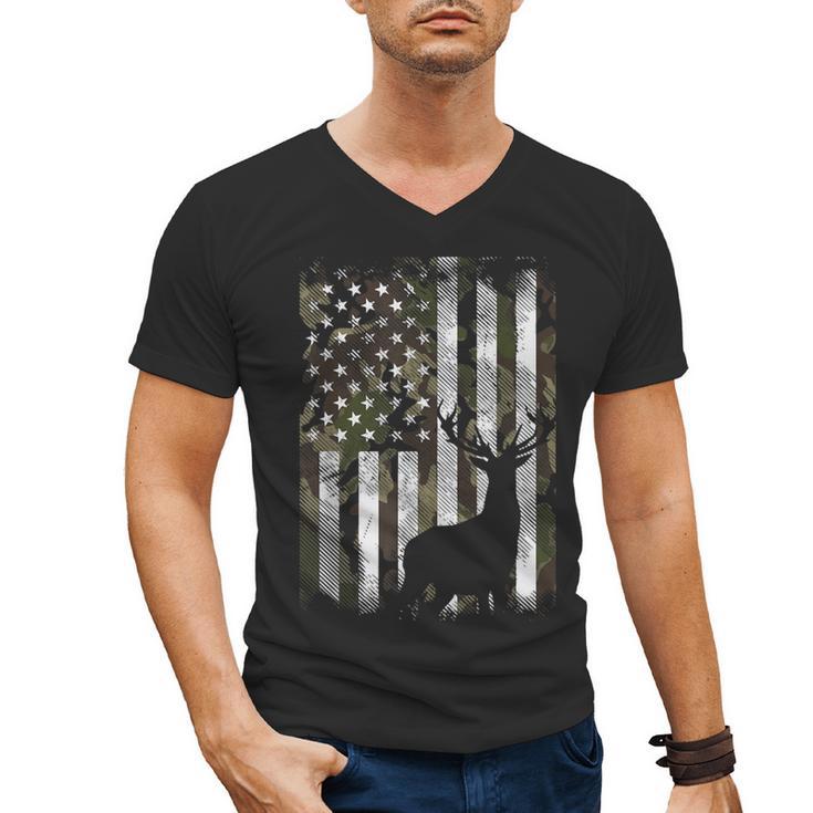 Camo US Flag Deer Elk Buck Camoflage Hunting Hunter Dad Short Sleeve Men's V-Neck T-Shirt