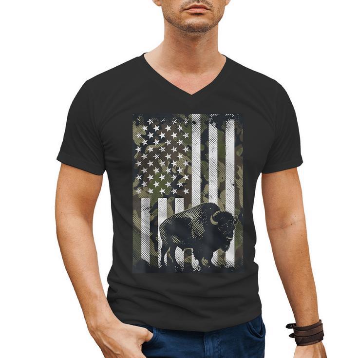 Camo USA Flag Bison Camouflage Hunting Wildlife Hunter Dad Men's V-Neck T-Shirt