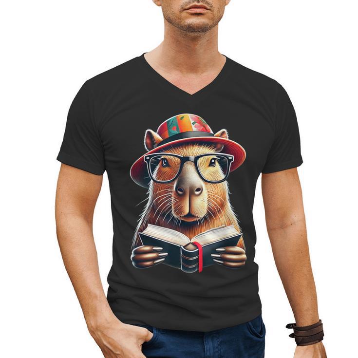 Capybara Bookworm Rodent Reading a Book Men's V-Neck T-Shirt