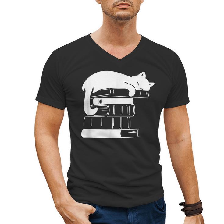 Cat Book Books And Cats Cat Lover Cat Mom Book Lovers Men's V-Neck T-Shirt