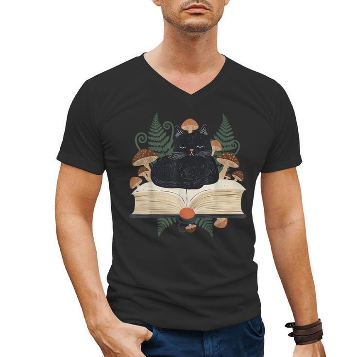 Cat On Open Book Mushrooms Ferns Dark Academia Men's V-Neck T-Shirt