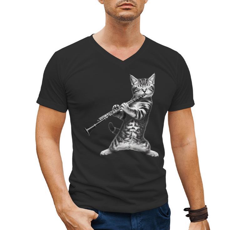 Cat Playing The Clarinet For Cat Lover Cat Mom Cat Dad Men's V-Neck T-Shirt