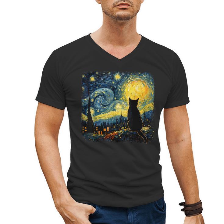 Cat Starry Night Van Gogh Cat For Cat Lover Cat Mom Cat Dad Men's V-Neck T-Shirt