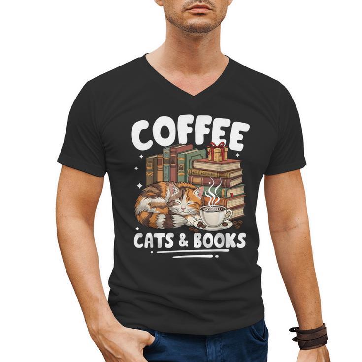 Coffee Cats And Books Cats And Reading Lovers Men's V-Neck T-Shirt