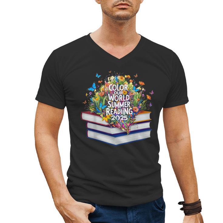 Color Our World Summer Reading 2025 Cute Book Wildflowers Men's V-Neck T-Shirt