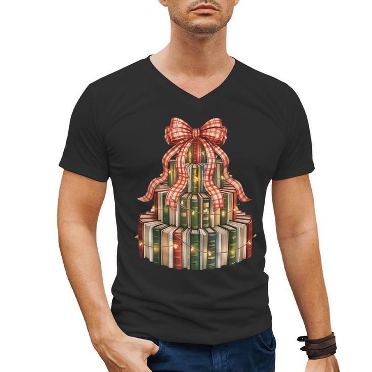 Coquette Christmas Book Tree Xmas Lights Librarian Teacher Men's V-Neck T-Shirt