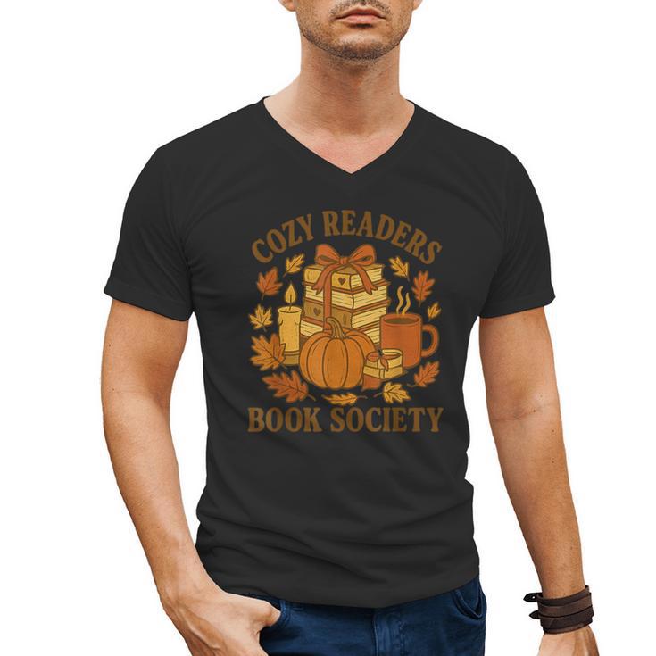 Cozy Readers Book Society Vintage Fall Books & Pumpkin Men's V-Neck T-Shirt