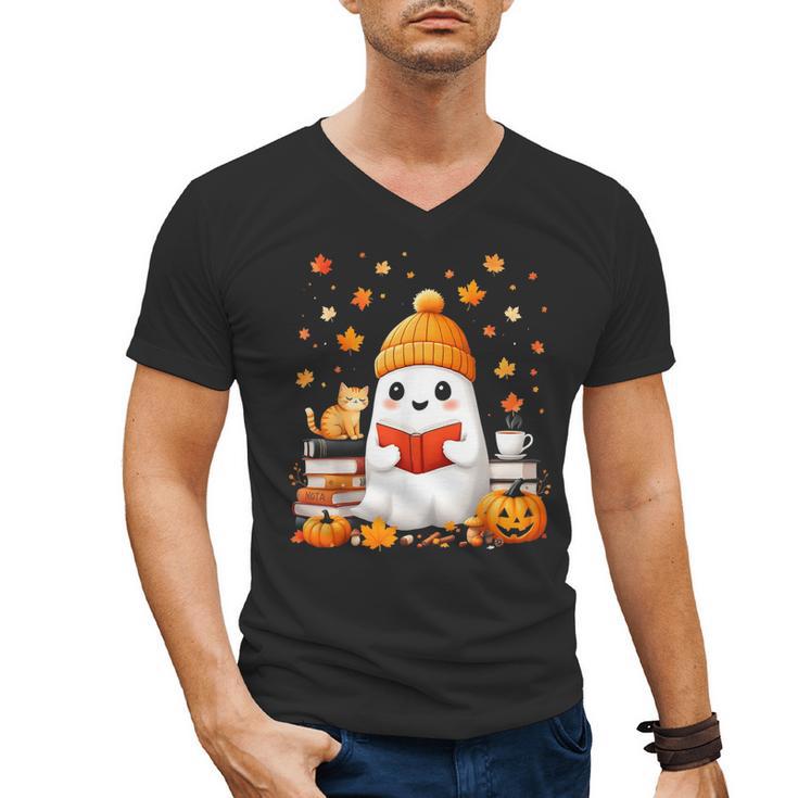 Cute Beanie Ghost Bookworm Cozy Book Reading Halloween Men's V-Neck T-Shirt