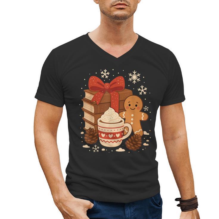 Cute Christmas Books Gingerbread Xmas Book Lover Teacher Men's V-Neck T-Shirt