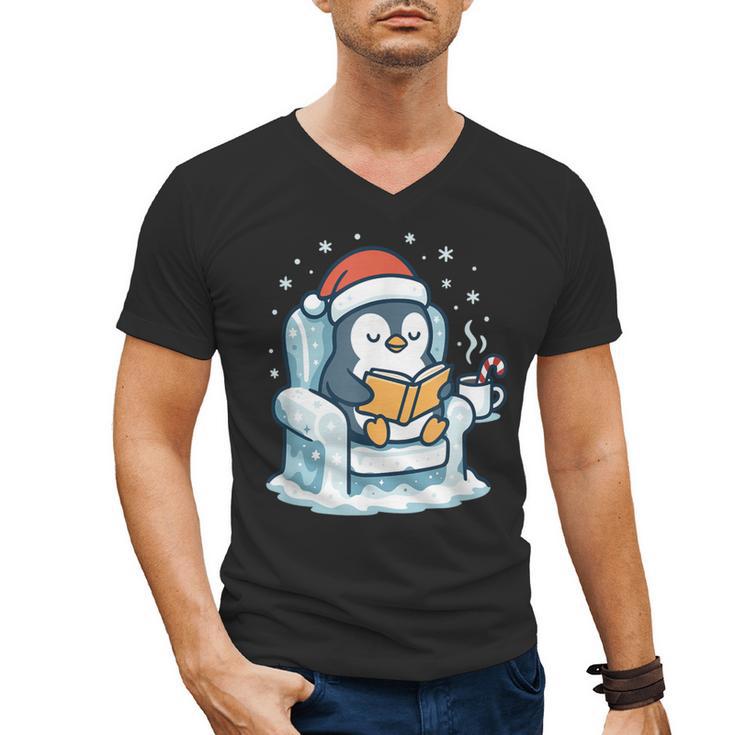 Cute Christmas Penguin Reading Book Cozy Winter Holiday Art Men's V-Neck T-Shirt