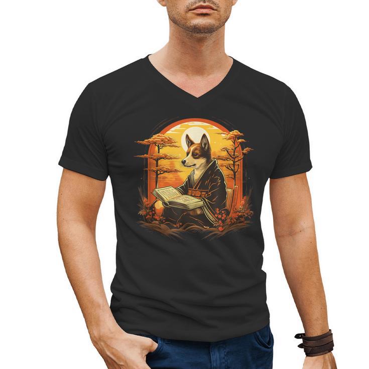 Cute Corgi Dog In Japanese Kimono With Book Men Women Girls Kids Men's V-Neck T-Shirt