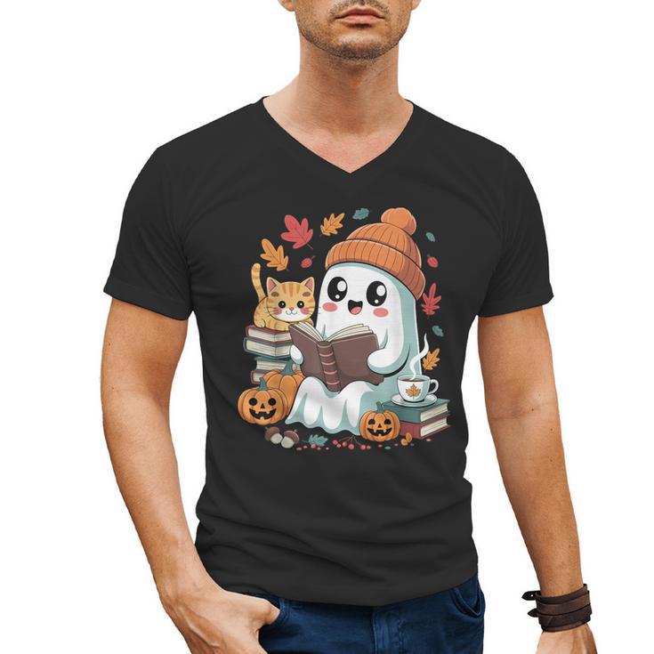 Cute Cozy Ghost Reading With Cat Book Lover Autumn Fall Men's V-Neck T-Shirt