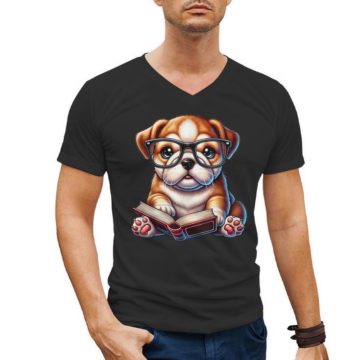 Cute Dog Puppy English Bulldog Reading Book Men's V-Neck T-Shirt