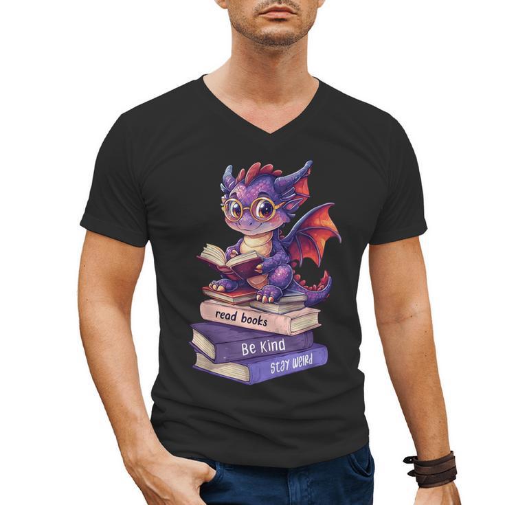 Cute Dragon Read Books Be Kind Stay Weird Book Lover Men's V-Neck T-Shirt