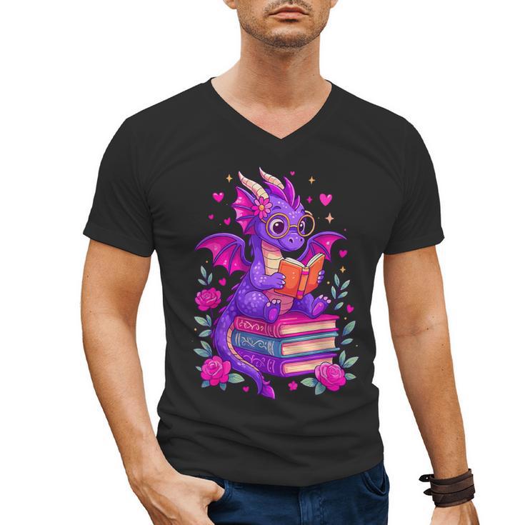 Cute Dragon Reading Books Bookworm Men's V-Neck T-Shirt