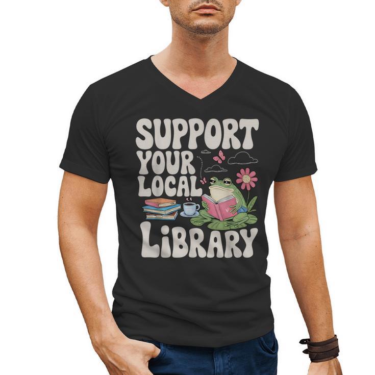 Cute Frog Support Your Local Library Librarian Book Lover Men's V-Neck T-Shirt