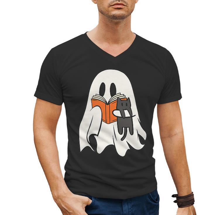 Cute Ghost Cat Reading Book Spooky Season Halloween Costume Men's V-Neck T-Shirt