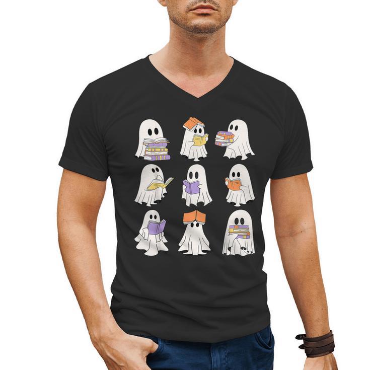 Cute Ghost Reading Books Teacher Halloween Reading Men Women Kids Men's V-Neck T-Shirt
