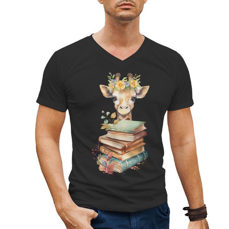 Cute Giraffe With Book Floral Bookworm Librarian Book Lover Men's V-Neck T-Shirt
