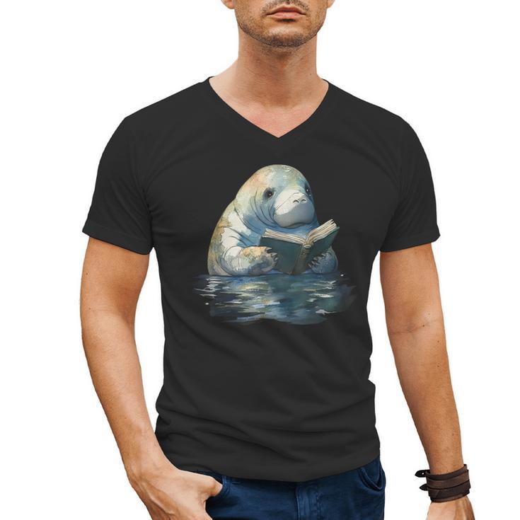 Cute Manatee Reading Book Bookworm Readers Manatee Lover Men's V-Neck T-Shirt