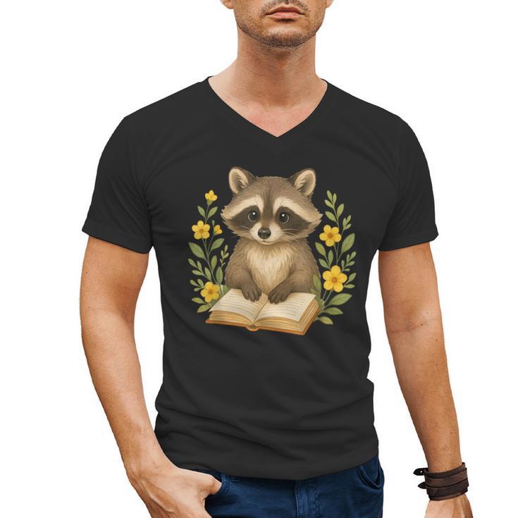 Cute Raccoon Reading Book Flowers Floral Men's V-Neck T-Shirt