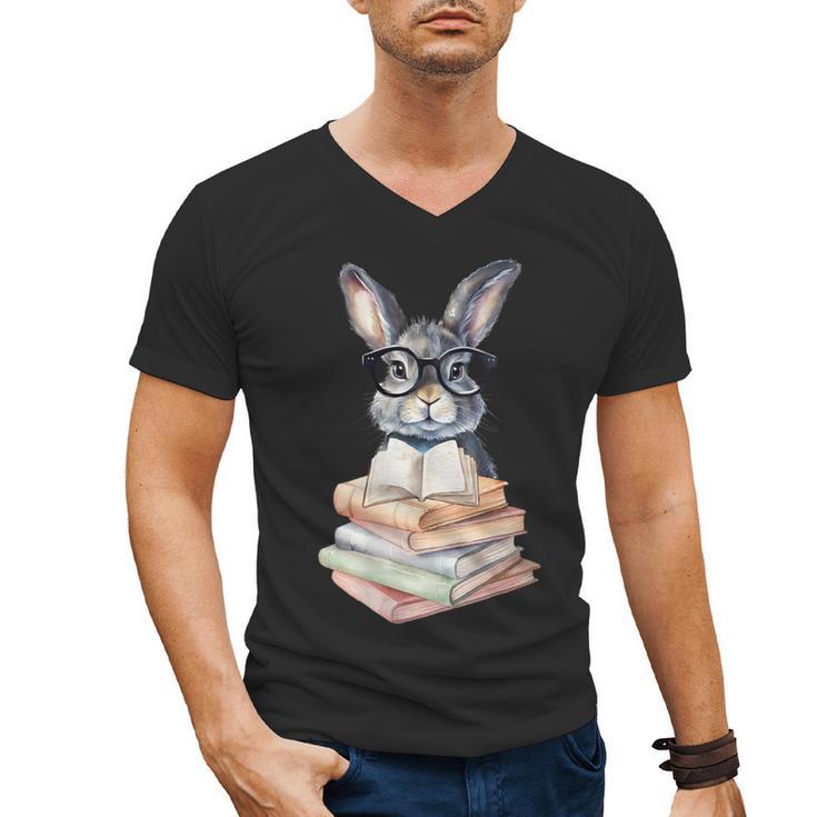 Cute Reading Bunny With Glasses Books Reader Book Bookworm Men's V-Neck T-Shirt