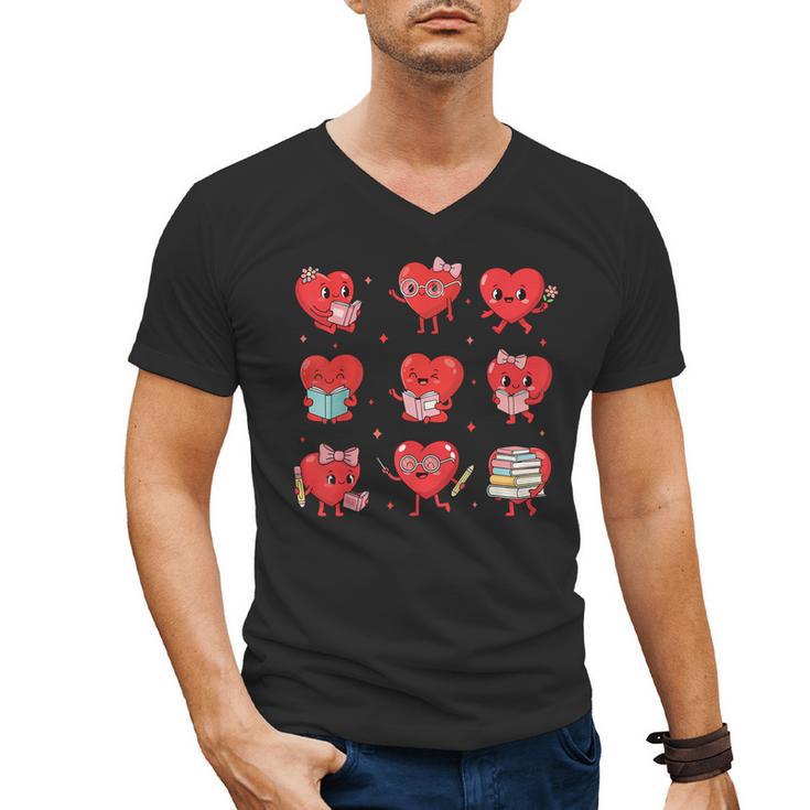 Cute Reading Hearts Valentine Day Book Lover Teacher Student Men's V-Neck T-Shirt