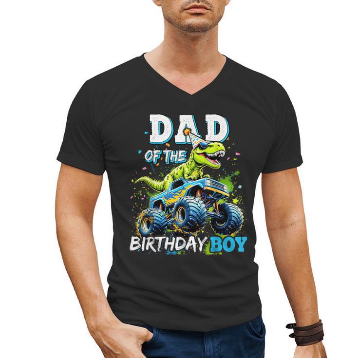 Dad Of The Birthday Boy Monster Truck Dinosaur Party T Rex Men's V-Neck T-Shirt