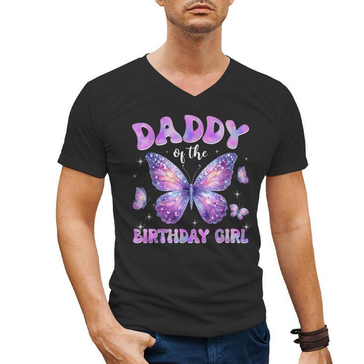 Dad Of The Birthday Girl Tie Dye Butterfly Birthday Family Men's V-Neck T-Shirt