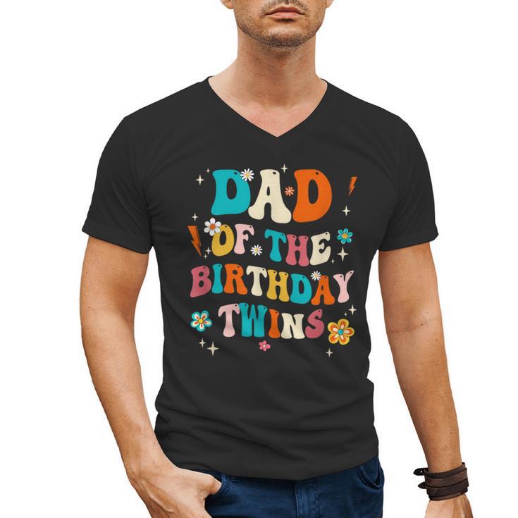 Dad Of The Birthday Twins Boys Girls Party Retro Bday Men's V-Neck T-Shirt