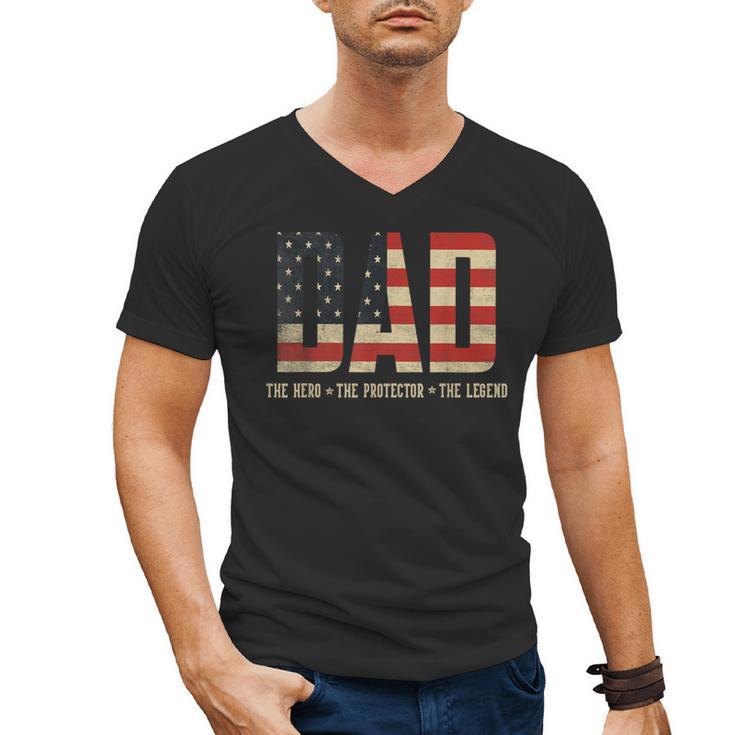 Dad Protector Hero Legend USA Flag Dad Father's Day Men's V-Neck T-Shirt
