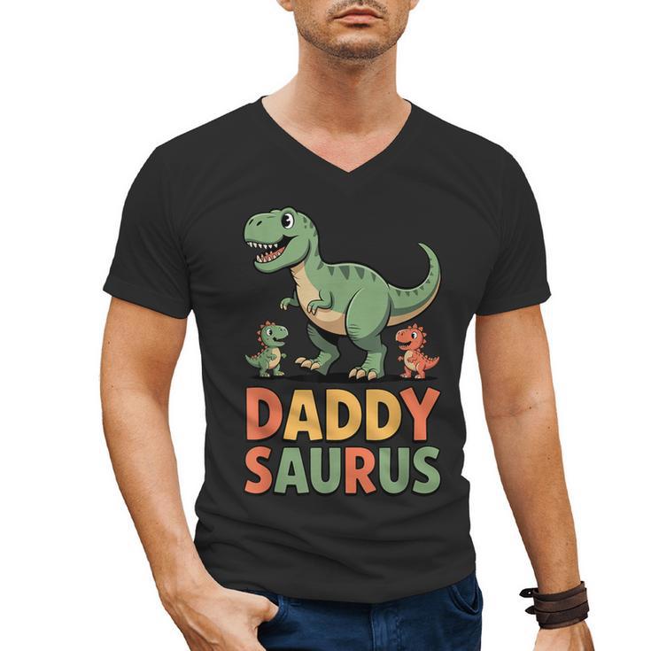 Daddy Saurus Dinosaur Dad Of Two Kids Dino Family Men's V-Neck T-Shirt