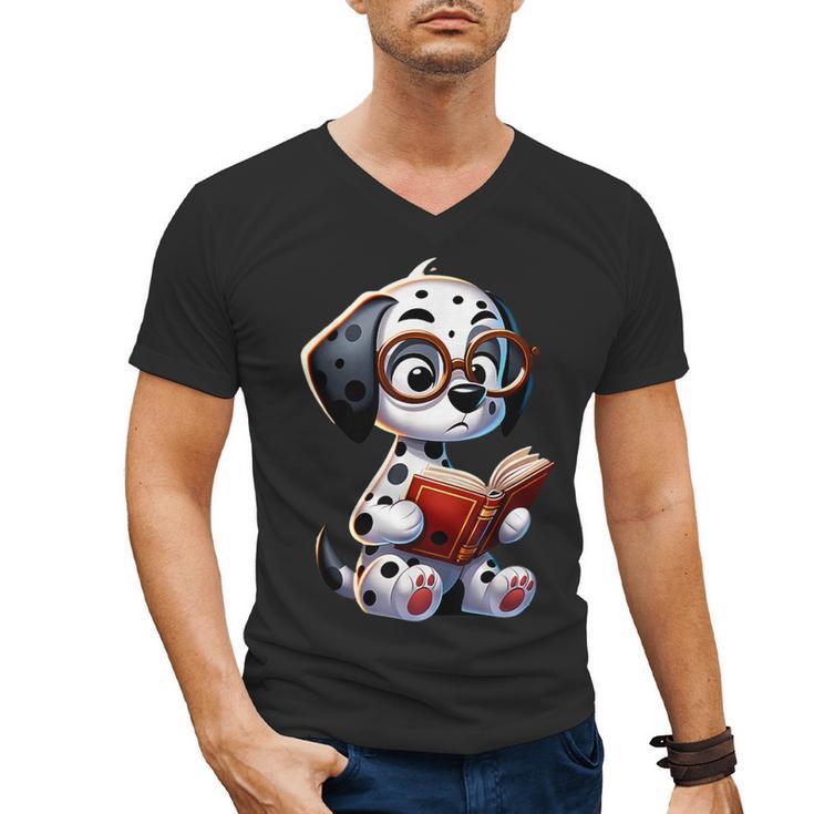 Dalmatian Reading a Book Dog Men's V-Neck T-Shirt