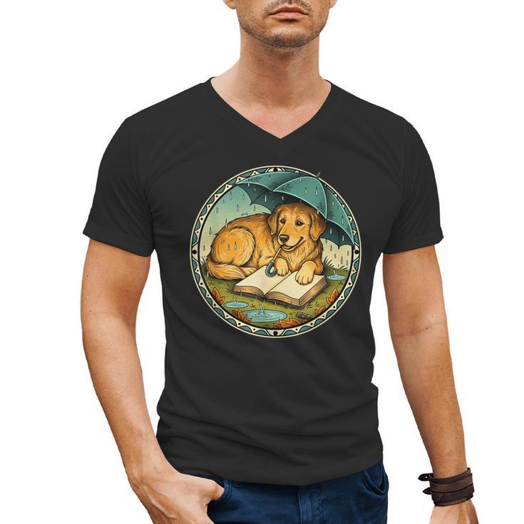 Dog Reading Book Rain Cozy Umbrella Cute Art Men Men's V-Neck T-Shirt