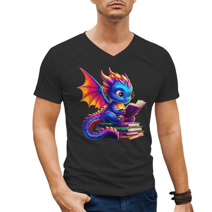 Dragon Reading a Book Bookworm Book Lover Men's V-Neck T-Shirt